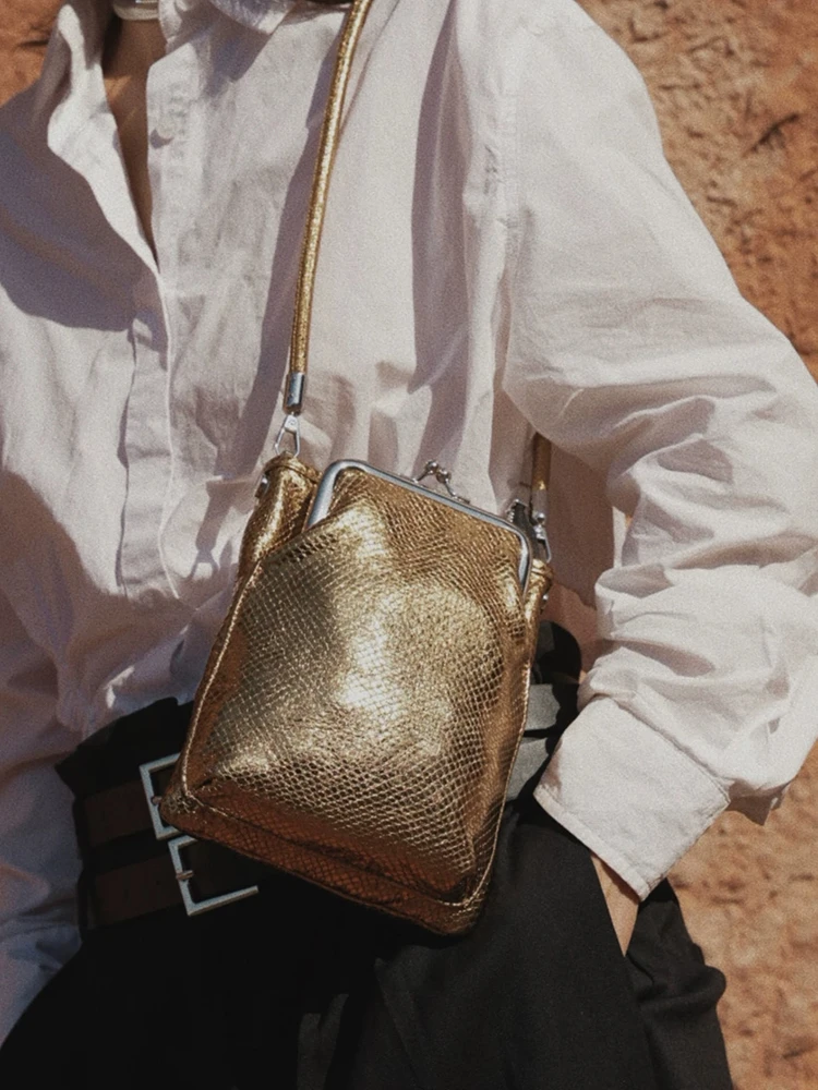 Golden Fashion Artistic Phone Bag Women Genuine Leather Bag Simple advanced Real Leather Casual Shoulder Crossbody Bag Small
