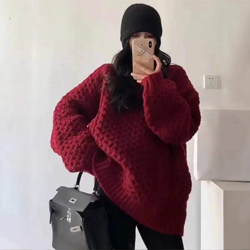 Oversized Knit Twist Pullovers Women Loose Lazy O-Neck Long Sleeve Solid Sweaters 2025 Autumn New Female Casual Street Knitwear