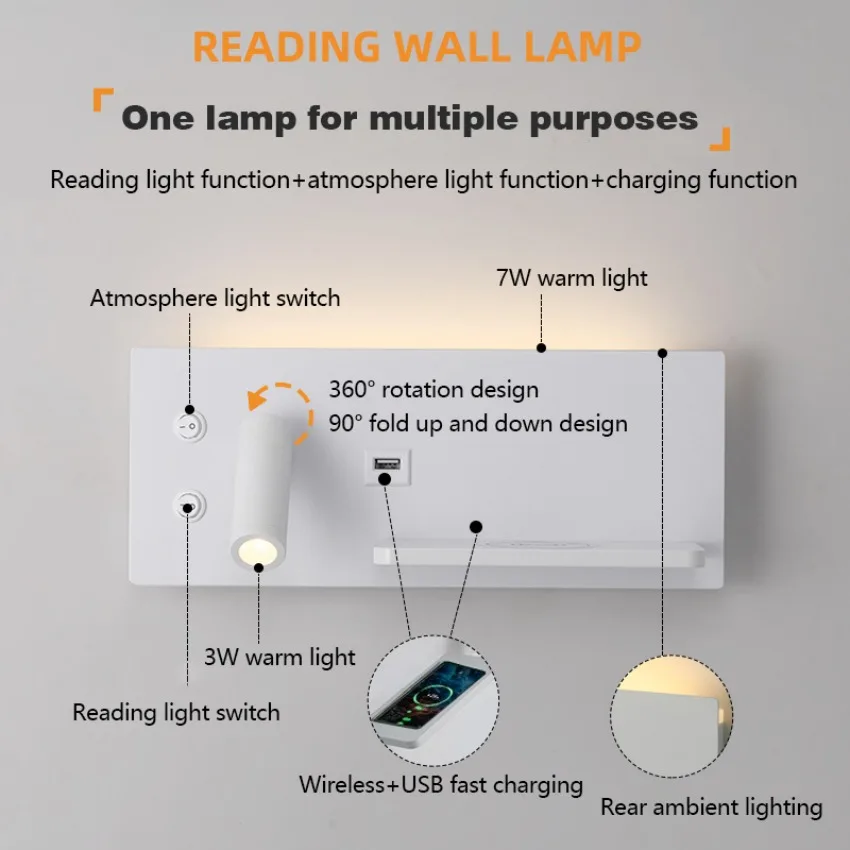 Modern LED Wall Lamp with Wireless Charger Simple Creative USB Interface Night Light Suitable for Living Room Bedroom Study