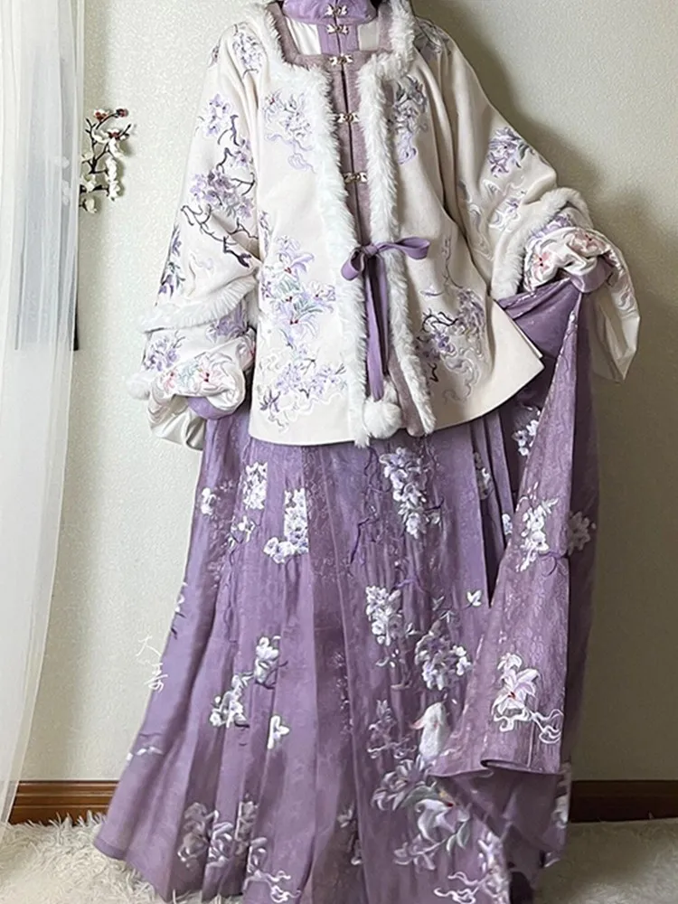 Hanfu women heavy embroidery square collar half printed skirt cloak purple