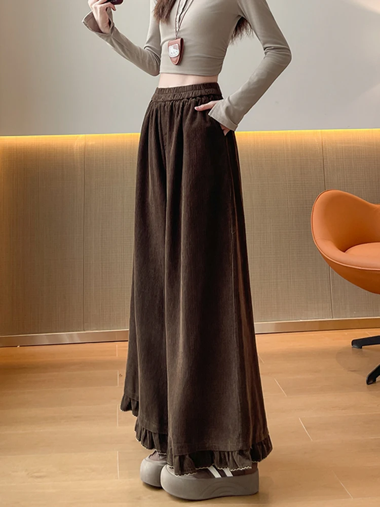 ハイウエスト木製ワイドレッグパンツ女性のカジュアルドレープルーズスリム秋冬新作非対称シウォーク