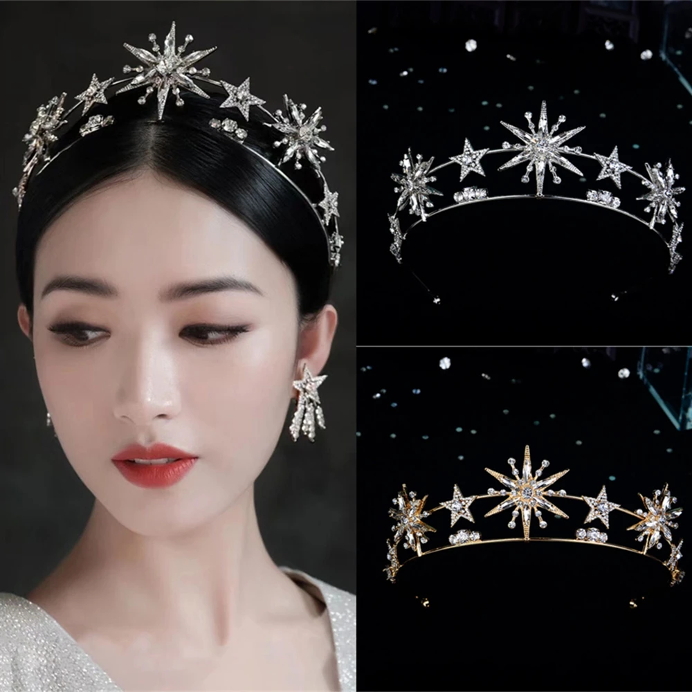 Vintage European 6-Point Star Wedding Crown Tiaras Gold Rhinestone Hair Jewelry Princess Women Headband Bridal Hair Accessories