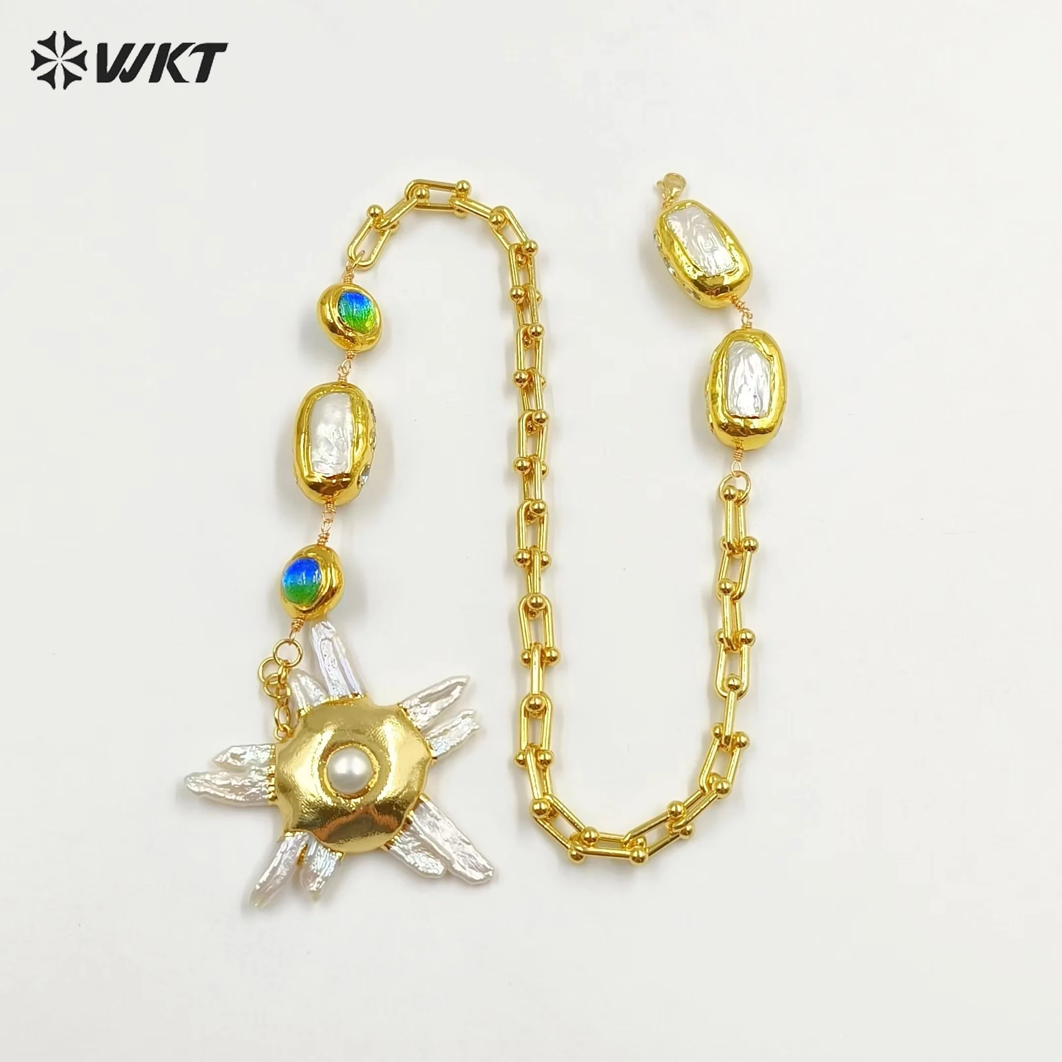 WT-JN256 العصرية قلادة كبيرة 18 كيلو قلادة للنساء كوكتيل الطرف الديكور لؤلؤ المياه العذبة والخرز الملون تصميم #3