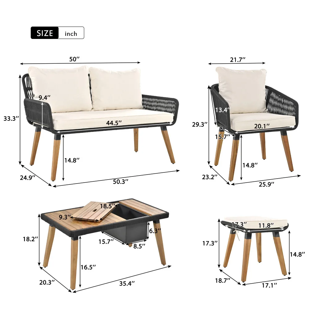 6-Piece Rope Patio Furniture Set, Outdoor Furniture with Acacia Wood Cool Bar Table with Ice Bucket ,for Backyard Porch Balcony