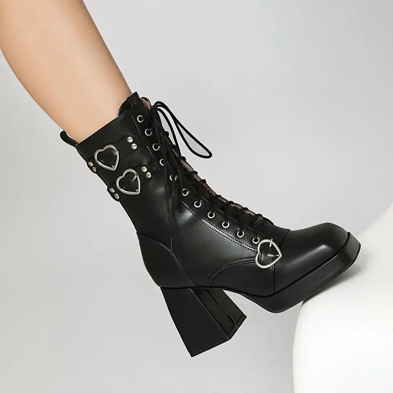 

SIMLOVEYO Female Knight Boots Toe Block Heels 9cm Platform 2cm Lace Up Decor 46 47 48 Leisure Mid Calf Bota