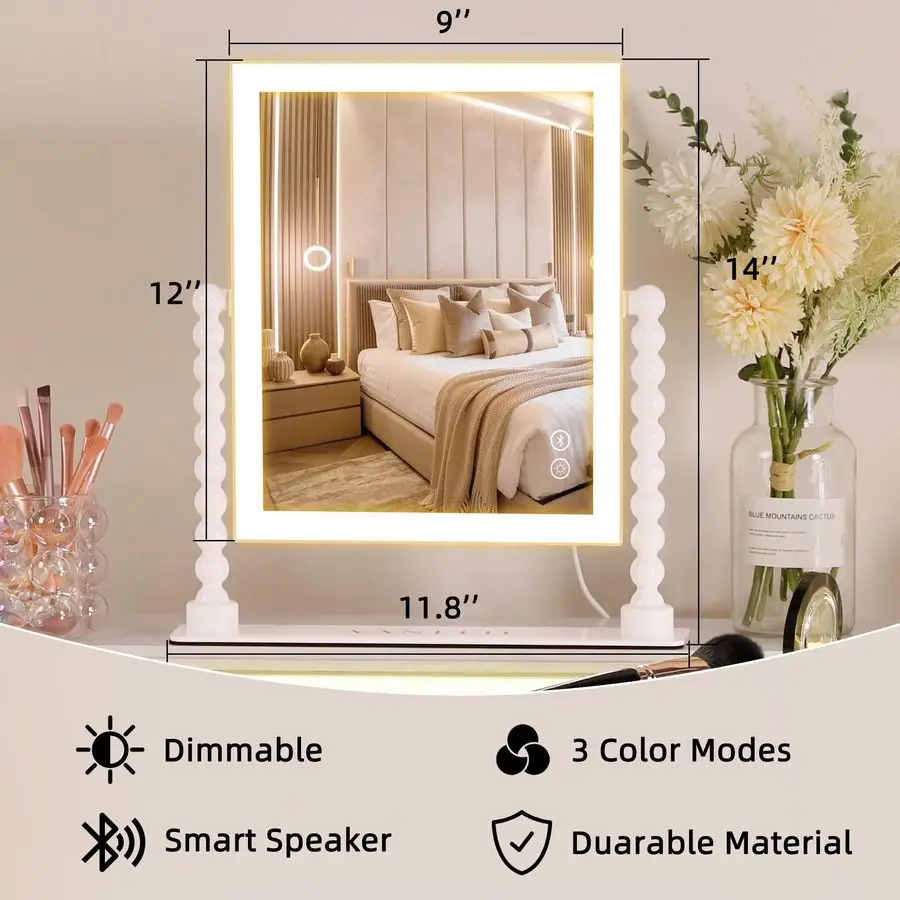 Makeup Mirror with Lights 9x12 Hollywood Mirror with Music Speaker Dimmable 3 Color Lighting Light up Mirror with 10X Magnificat