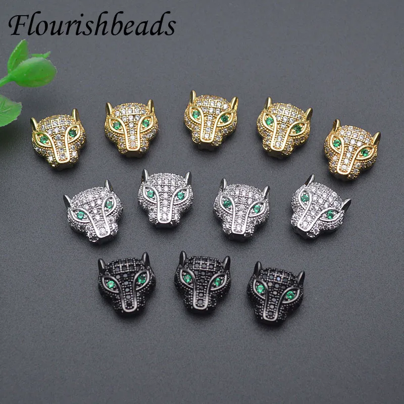 Wholesale 30pcs/lot Paved CZ Beads Leopard Head Metal Copper Animal Loose Beads Decora Charms for DIY Jewelry Making Parts