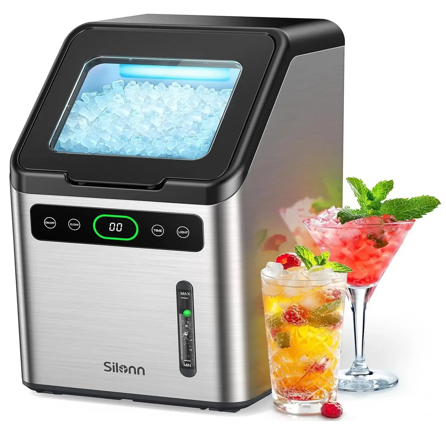 Nugget Ice Maker - Timer Ice Machine with Self-Cleaning, 44lbs per Day Pebble Ice Maker with Soft Chewable Ice, One-Click