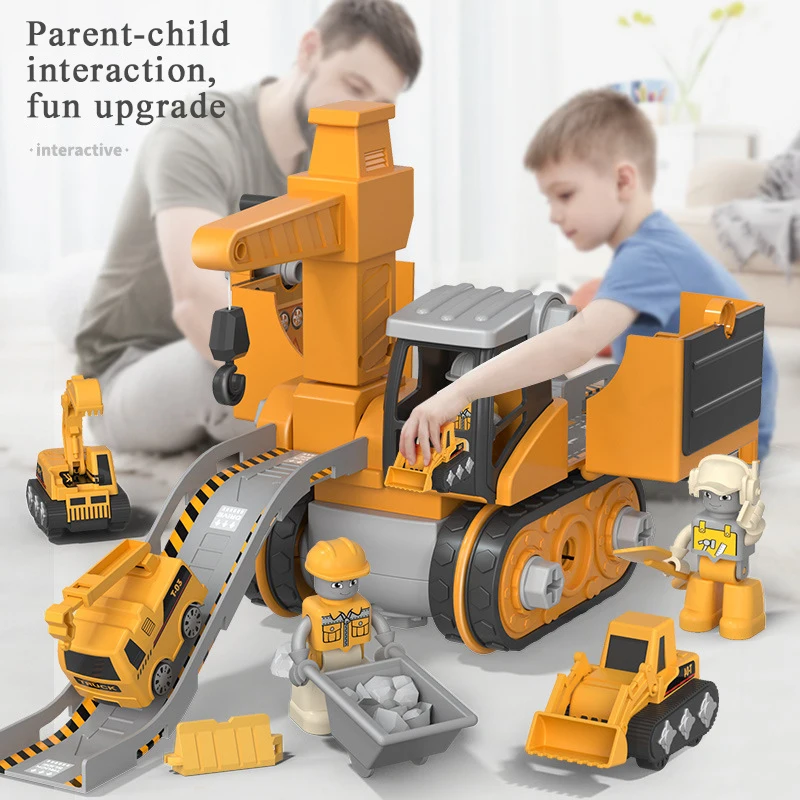 

New 4 In 1 Disassembly Deformation Engineering Vehicle with Trolley Sliding Track Boy Crane Excavator Toy Birthday Gift for Kids