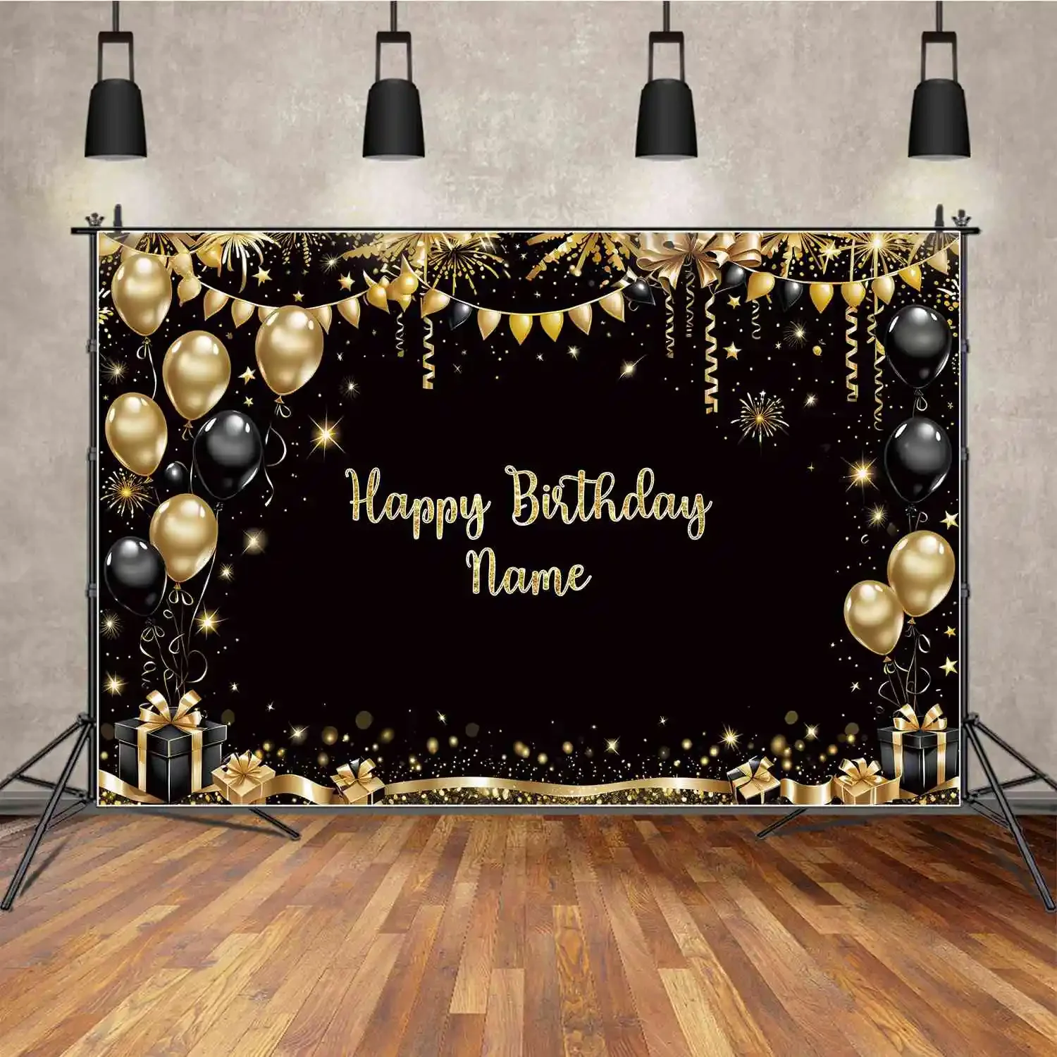 MOON.QG Backdrop Sign Happy Birthday Banner Background for Women Custom Gold Star Balloon Glitter Party Decor Photographic Props