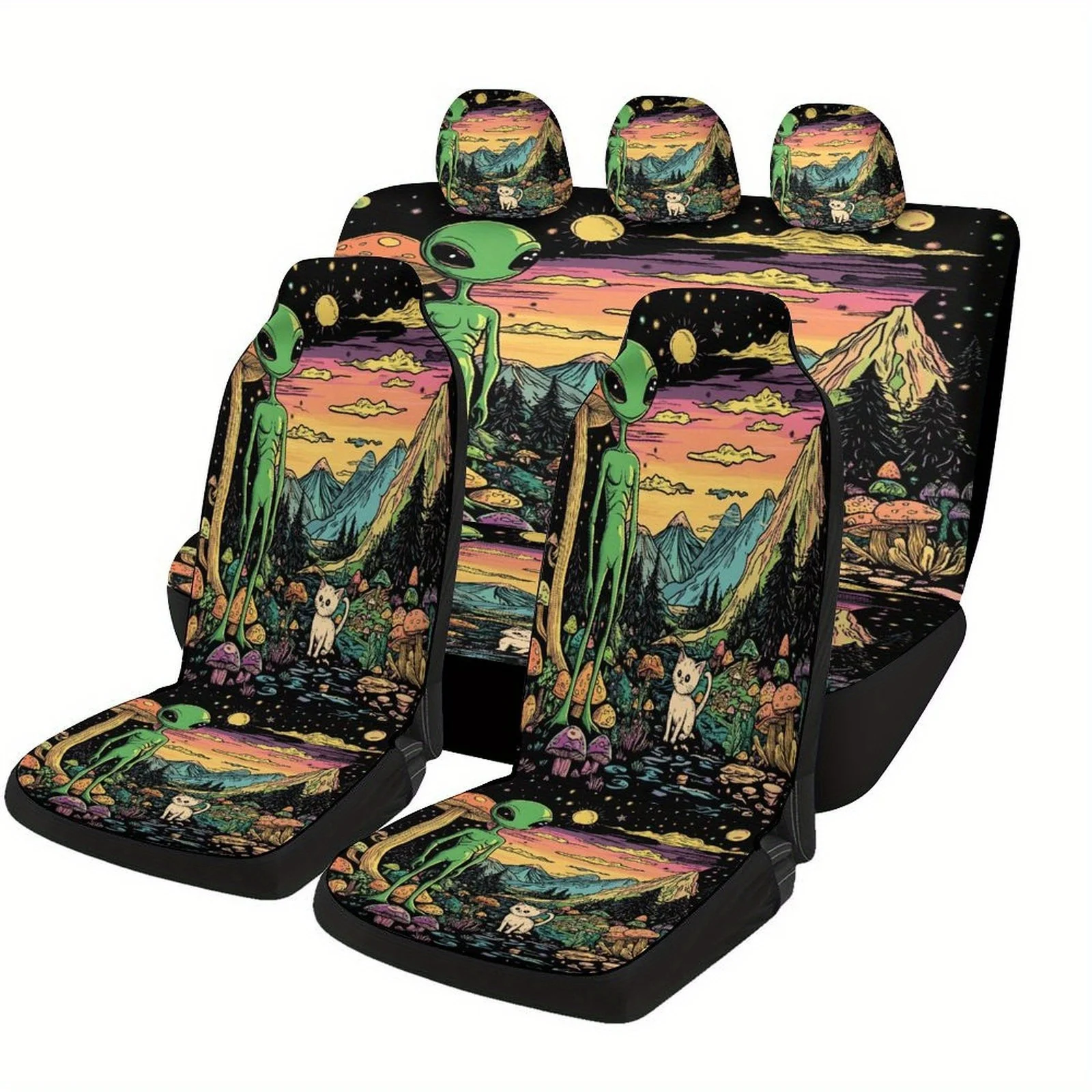 Alien And Cat In Mushroom Forest Themed Car Seat Cover Set For Most Cars, Fashion Novelty Car Seat Protector Covers Full Set, Un
