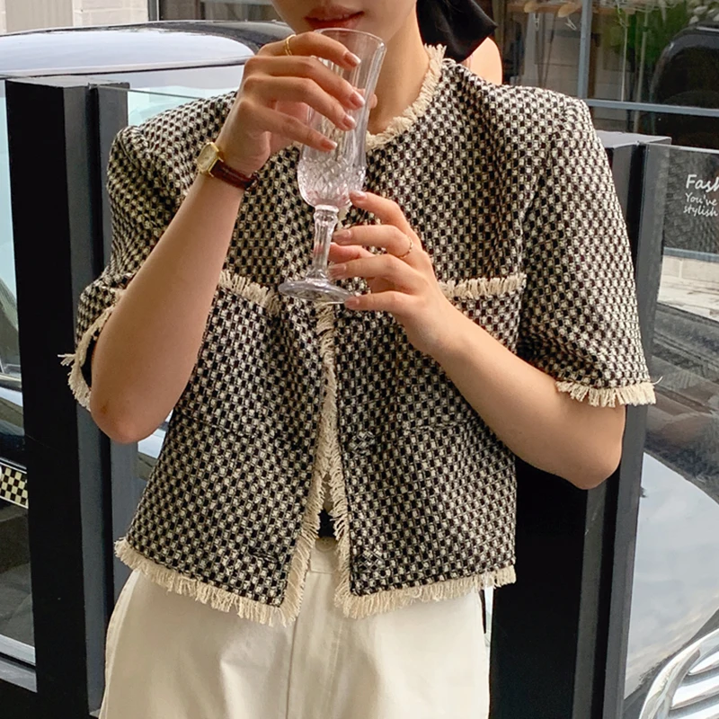 Chic Summer Vintage Ruffle Collar Color Block Plaid Loose Casual Women's Short Sleeve Jacket Versatile round Neck Outerwear