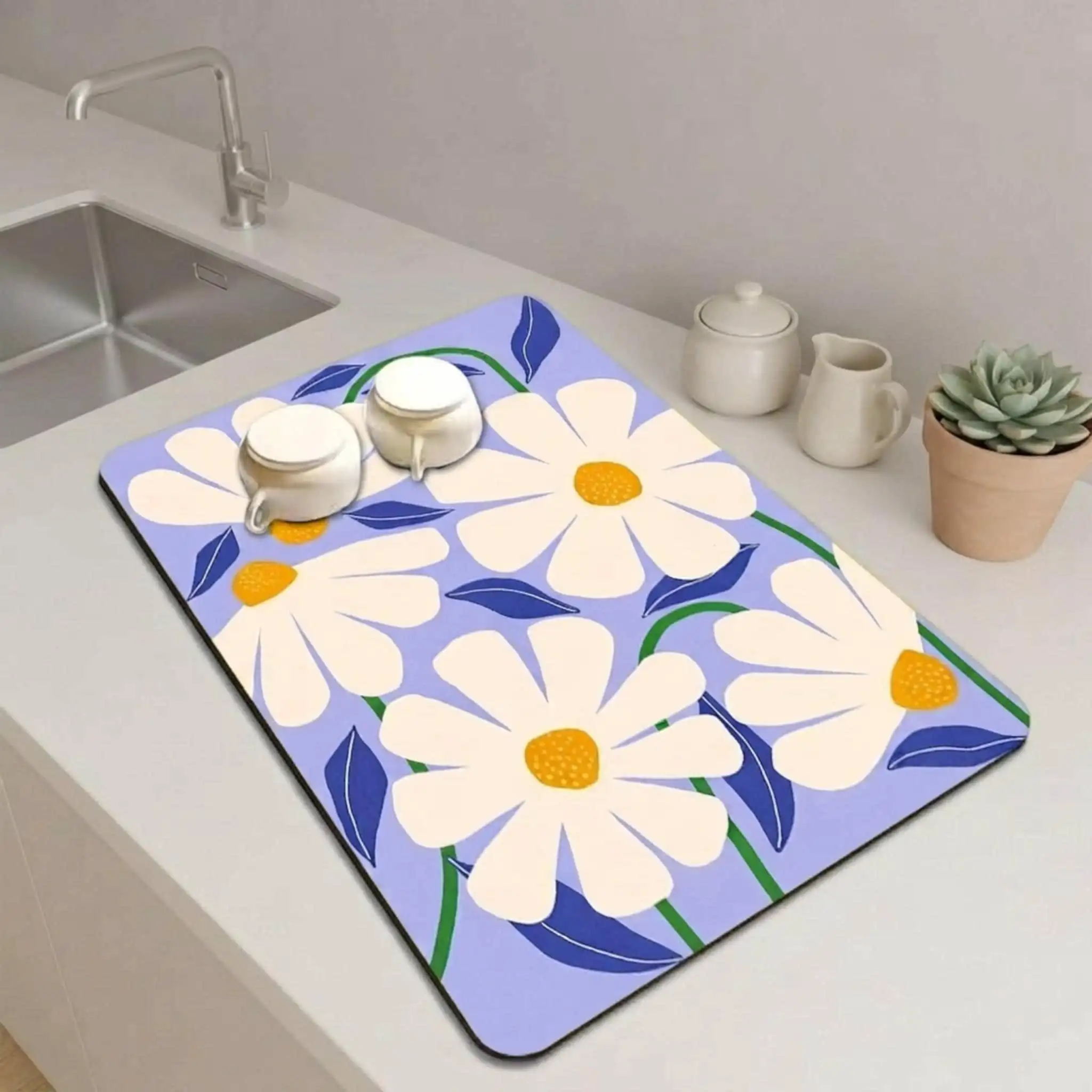 Coffee Bar Pad Modern Boho Chic Botanical Theme Egg Yellow Centers Green Stems Non Slip Washable Ground Blanket for Table