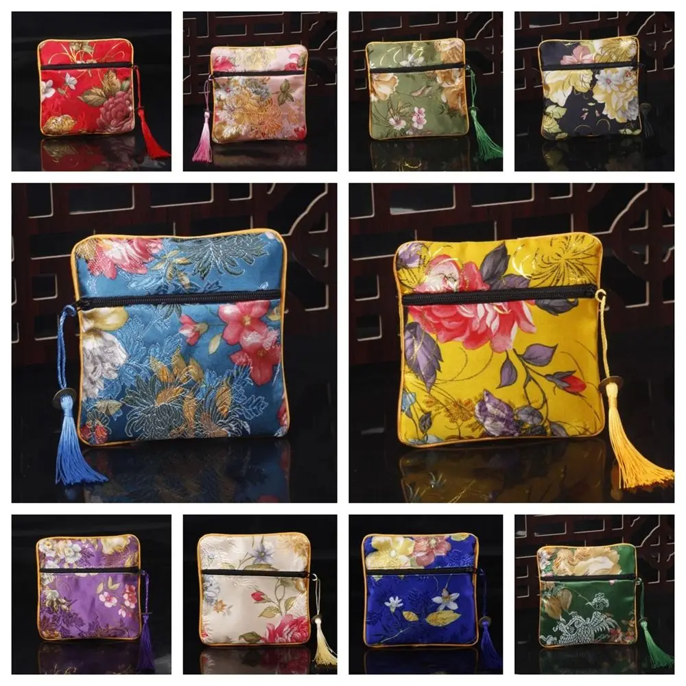 Portable Cloth Embroidery Coin Pouch Tassel Flower Jewelry Storage Bag Gift Pouch Necklaces Case Chinese Style Coin Pouch Daily