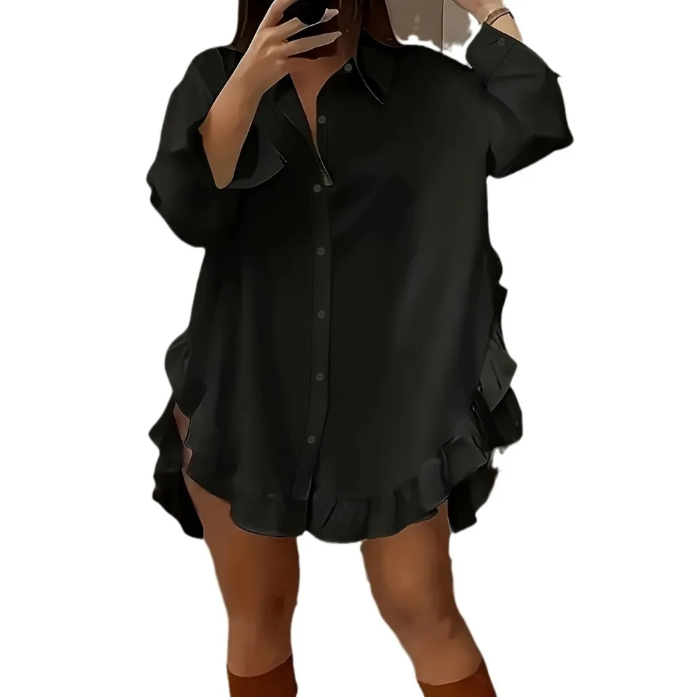 Soft Comfortable Women Blouse Long Sleeve Solid Shirt Plus Size Loose Ruffle Hem Casual Elegant Top Aesthetic Clothing