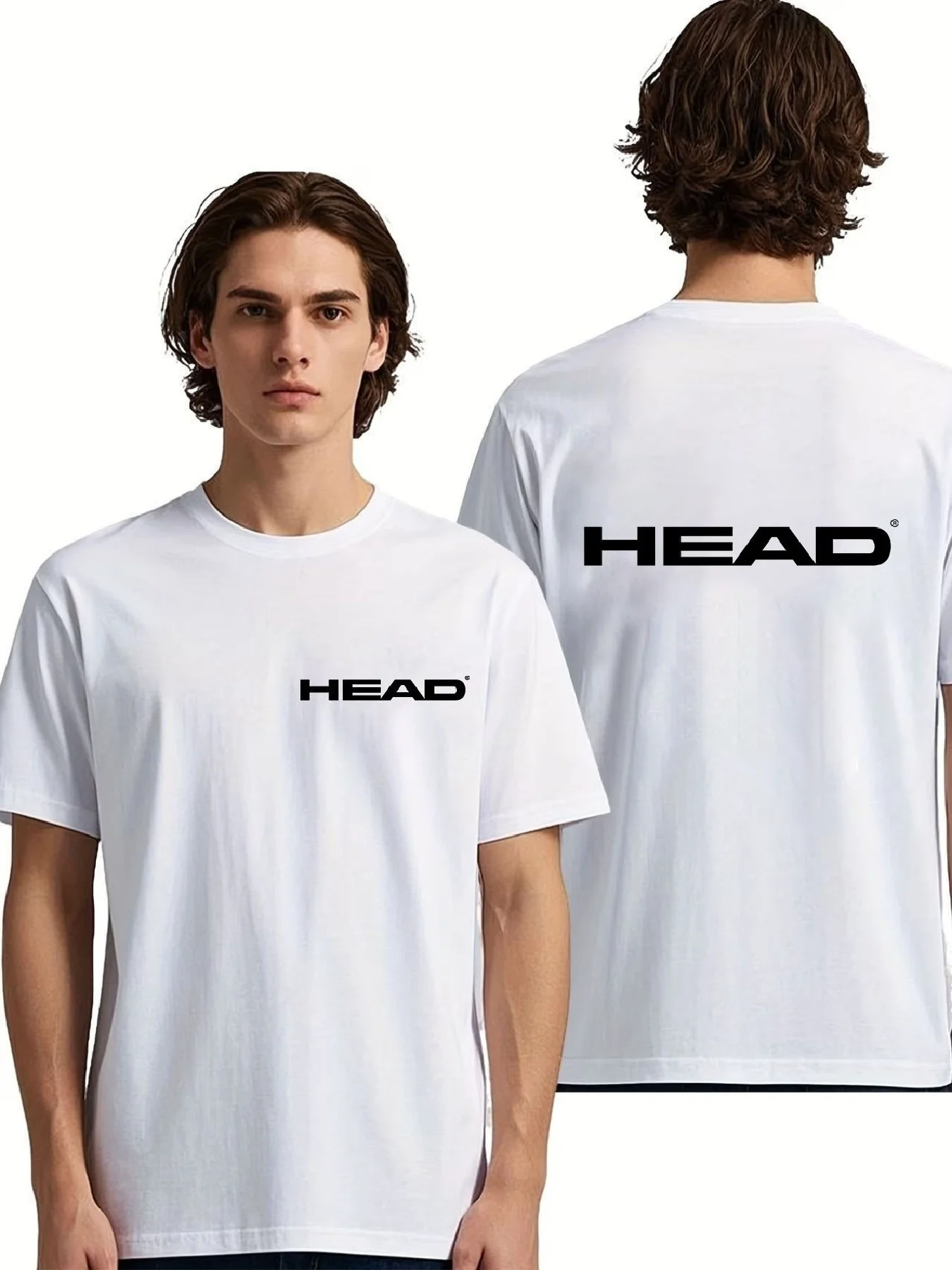 HEAD Men White Short Sleeve T‑Shirt Crew Neck Back Large Letter Print Casual Sports Tee BreathableTop Tennis Daily Street Outfit