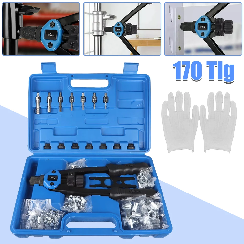 Kit d'outils à rivets de 170 pièces + gants, ensemble de riveteurs filetés pour M3 à M12, pistolet à rivets manuel, riveteur robuste avec 170 rivets, livré avec boîte de rangement et clés, durable et facile à utiliser, idéal pour le bricolage, les réparations domestiques et les applications professionnelles