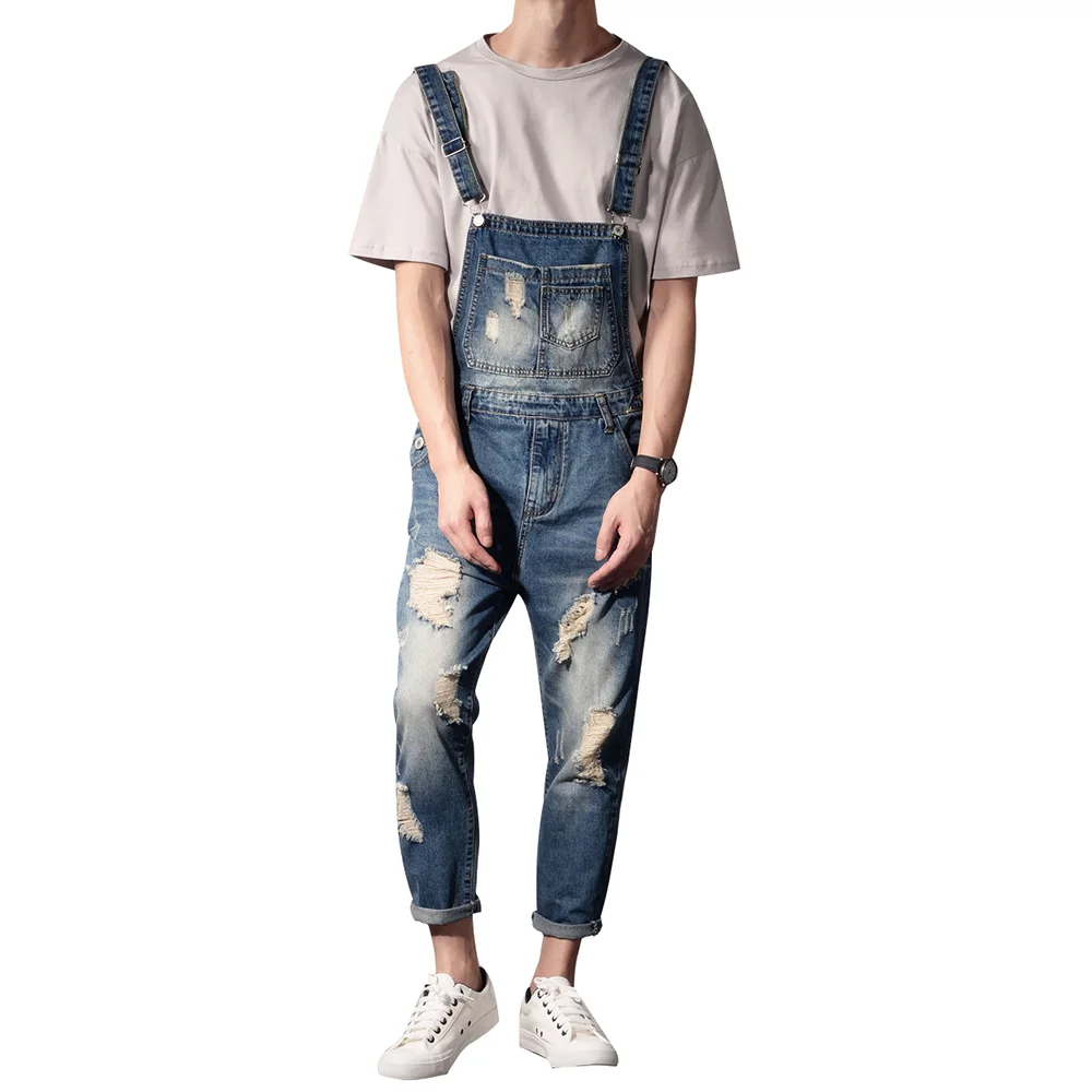 Men Denim Bib Overalls Holes Ripped Distressed Crop Jeans Pockets Cargo Ankel Dungarees Blue Cotton Jumpsuits Working Clothing