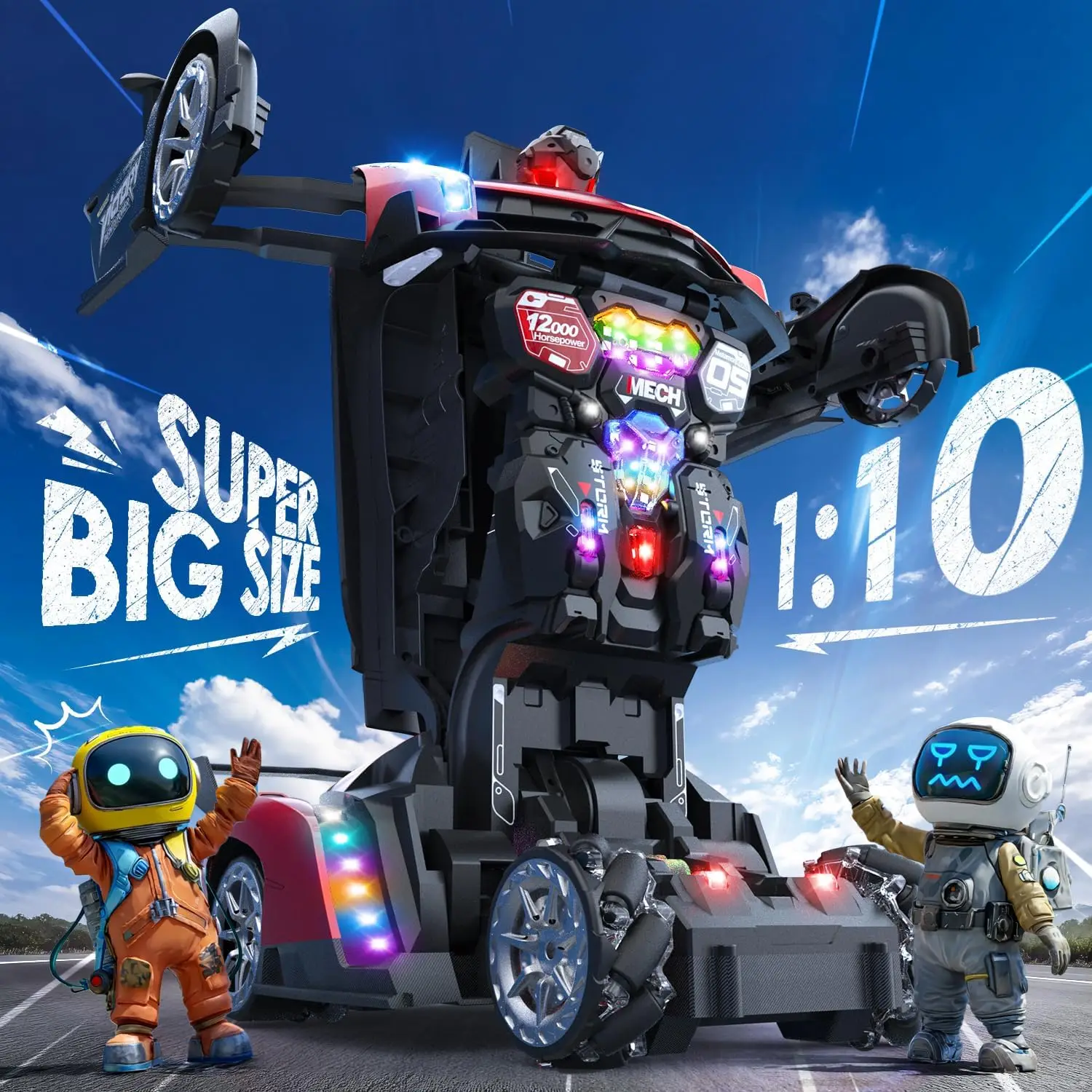 Holyton 1:10 Transforming RC Car, Large Gesture-Sensing Remote Control Car with One-Button Transformation, LED Lights, Fog Spray