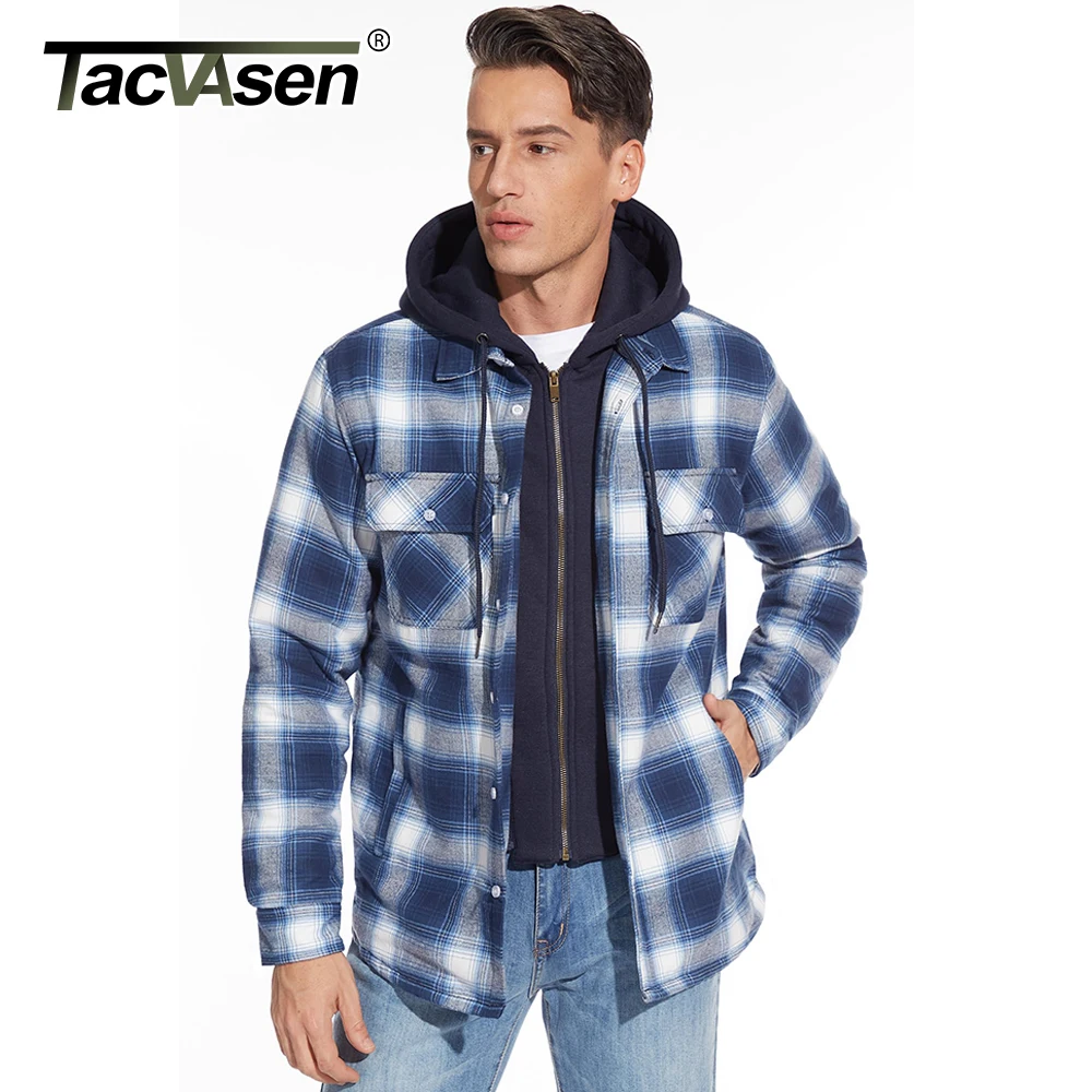 TACVASEN Flannel Plaid Shirt Jacket Mens Quilted Lined Winter Coats with Removable Hood Fall Winter Fashion Thick Hoodie Outwear