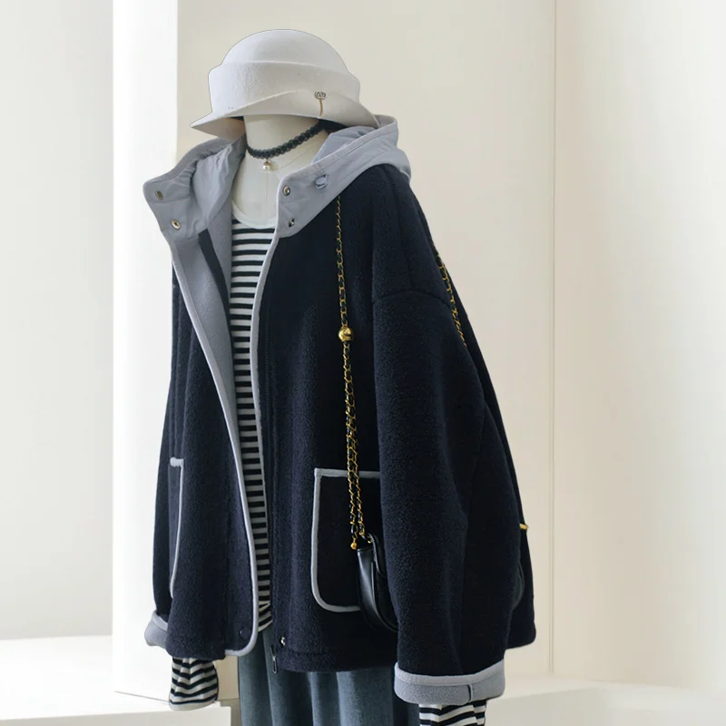 

Retro Color Blo Hooded Coat Women's Loose Fit Woolen Top Faionable Autumn Winter Warmth Daily Wear Non-Iron Treaent