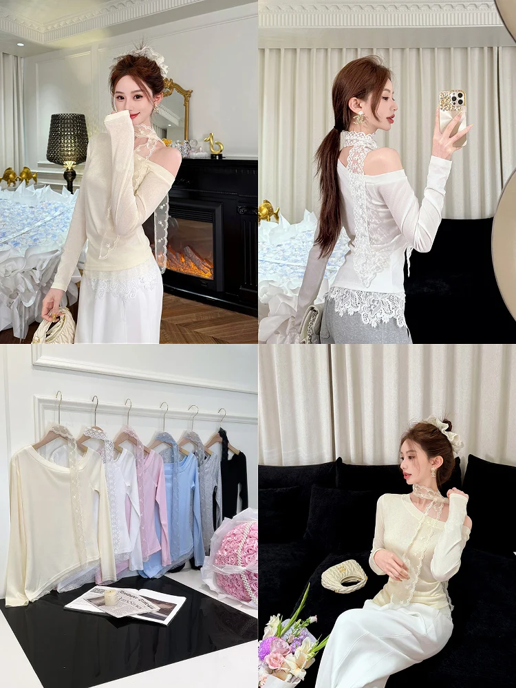 

Ele Lace Trim T-irt with Asymmetrical oulder And Hem Splicing Design by Yuxiao Xiao 2025 Autumn New Arrival for Women