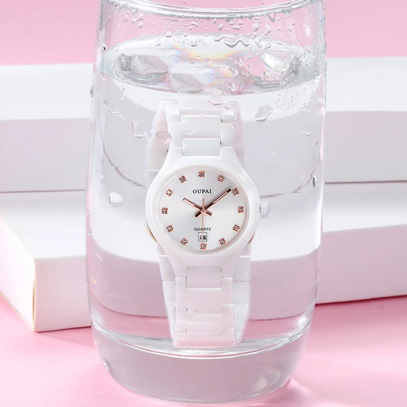 OUPAI Round Dial Watch Women\'s White Ceramic Water Diamond Luminous Small and Exquisite, Waterproof Calendar Fashion and Casual