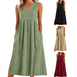 Summer Loose Casual Patchwork Cotton Linen Pocktes Dress V Neck Beach Style Dress Sleeveless Vintage Beach Women Dress