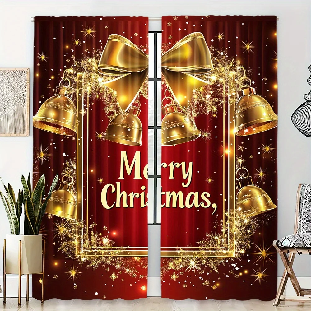 

2-Pack Christmas Window Curtains Polyester Rod Pocket Design Digital Print Festive Bells for Living Room Kitchen Bedroom Windows