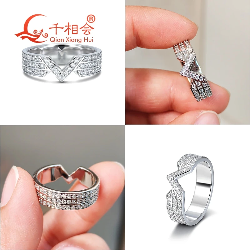 6mm width V-Shape Moissanite S925 Silver Ring - Triple-Row Micro Paved Sparkling Band for Modern Elegance gift dating - view 5