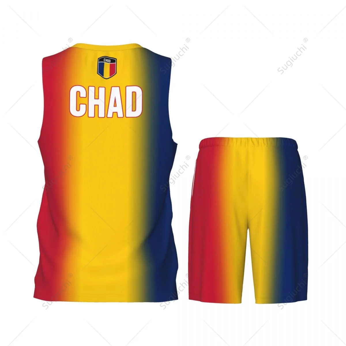 Conjunto de camisa de basquete masculino com bandeira Chad, camisa e calças de malha, sem mangas, exclusivo, nome personalizado, Nunber, unissex