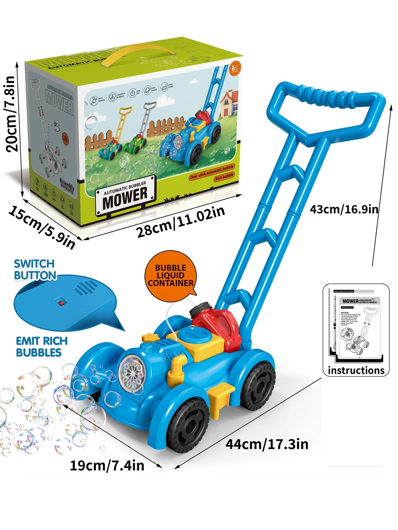Kosiarka dla dzieci, elektroniczna dmuchawa do baniek mydlanych, letnie zabawki ogrodnicze na świeżym powietrzu, （bez rozwiązania bąbelkowego）