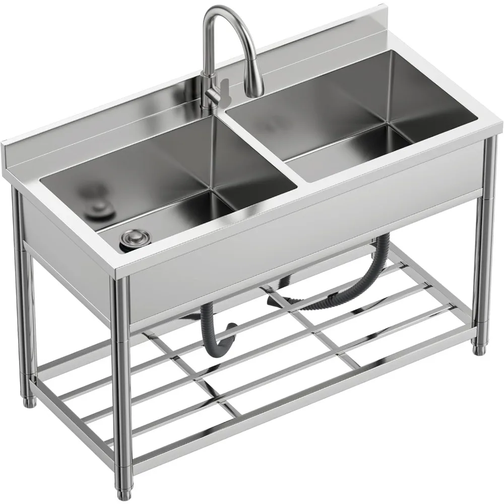 

2-Compartment Commercial Sink, Stainless Steel Utility Sink with Pull-out Faucet, Free Standing Double Bowl Kitchen Sink