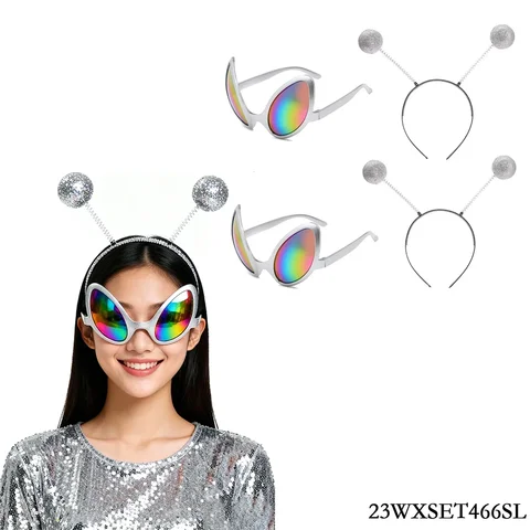 Silver Alien Headband Antenna with Glasses | Martian Alien Costume Accessories | Halloween Space Theme Party Favors 