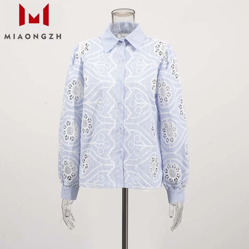 

High Quality Blue Striped Embroidery Hollow Out Shirt For Women Turn Down Collar Long Sleeve Blouses 2025 New Casual Simple Tops