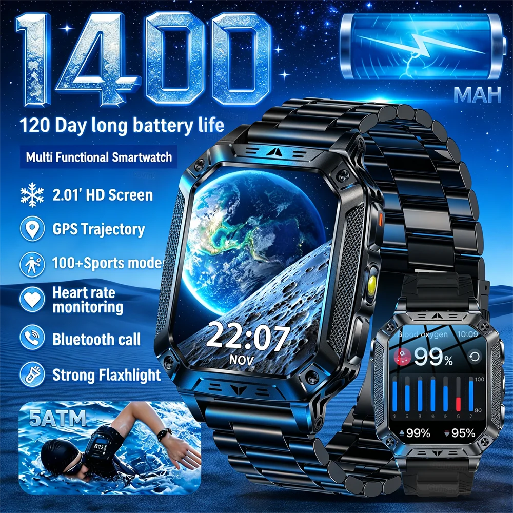 2026 montre intelligente militaire hommes 1400mAh grande batterie 2.0 '' écran AMOLED Bluetooth appel AI assistant vocal fréquence cardiaque sommeil & SpO2 moniteur bracelet IP68 boussole imperméable lampe-torche sport fitness tracker montre intelligente