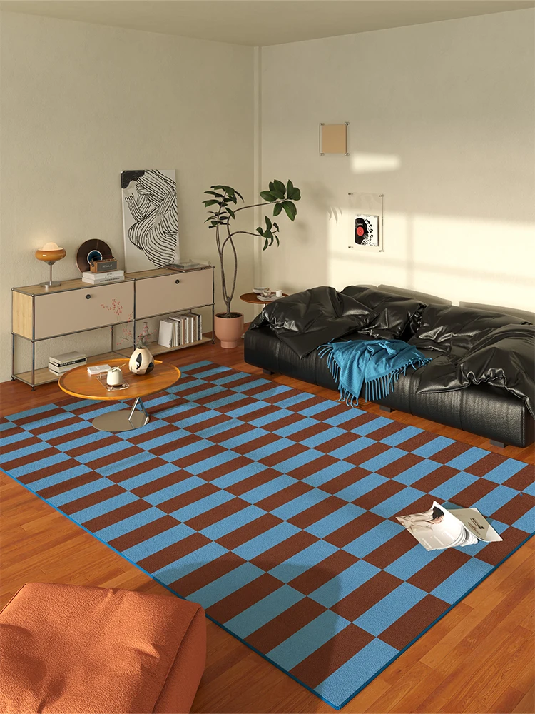 VIKAMA American Retro Checkered Carpet Home Decoration for Living Room and Bedroom Floor Mat, Refreshing and Non-shedding