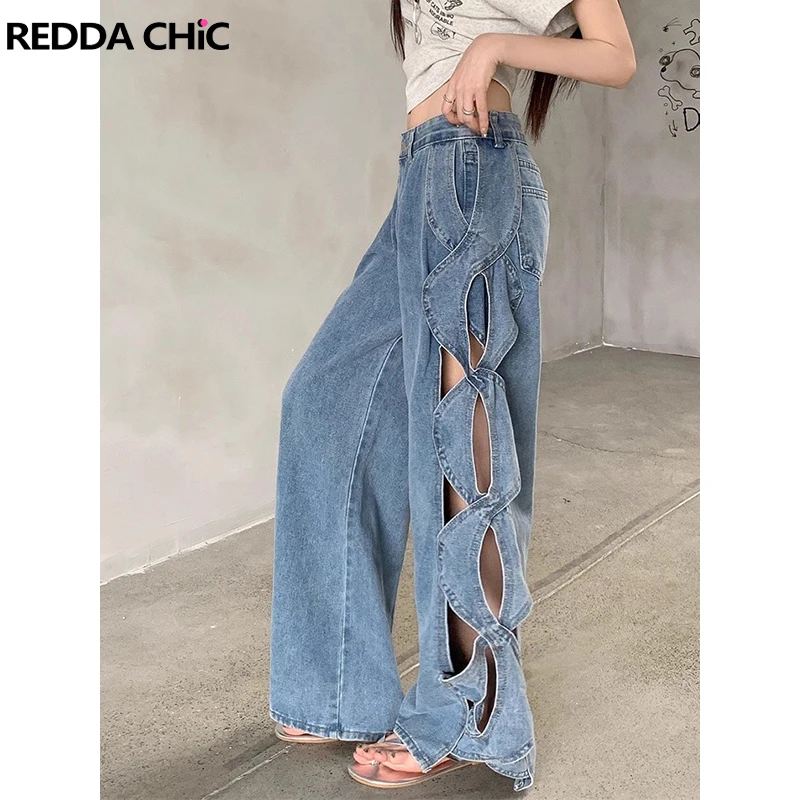 

REDDACHiC Sexy Hollow Out Baggy Jeans for Women Solid Blue Wide Leg High Rise Loose Straight Pants Street Style Hiphop Clubwear