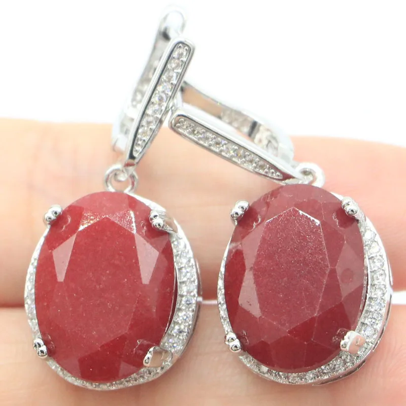 34x16mm Big Oval Gemstone Real Red Ruby Green Emerald Blue Sapphire Silver Earrings