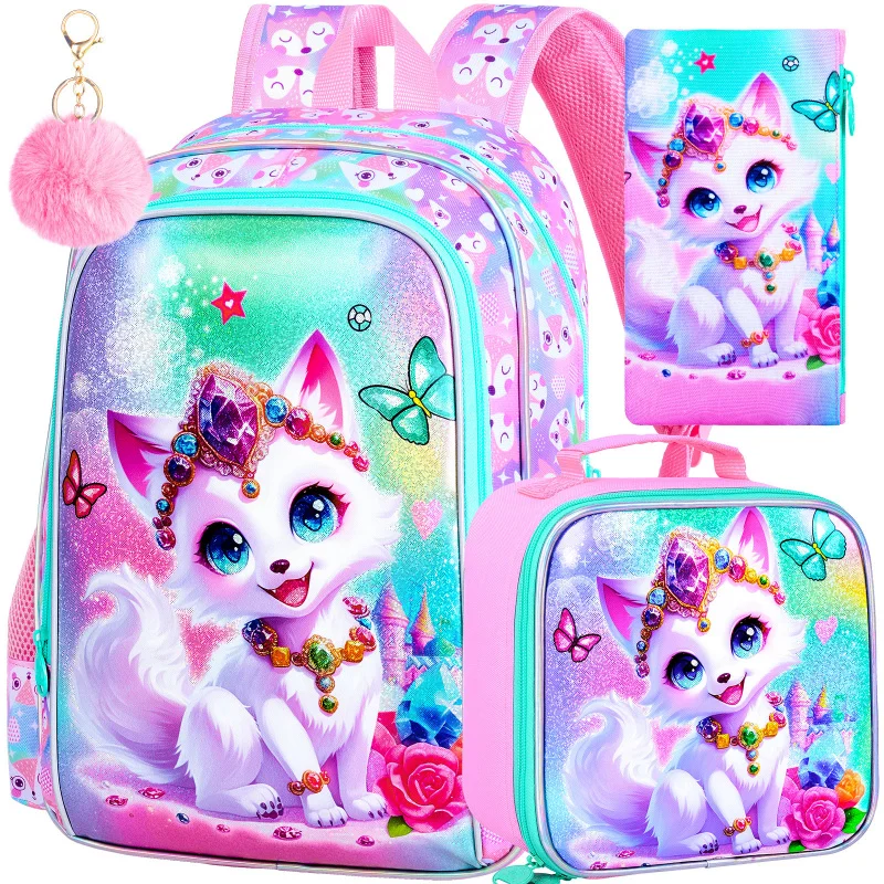 

16" Backpack for Girls, 3Pcs Fox Kids Bookbag with Lunch Box，School Backpacks for Elementary Preschool Kindergarten (Pink)