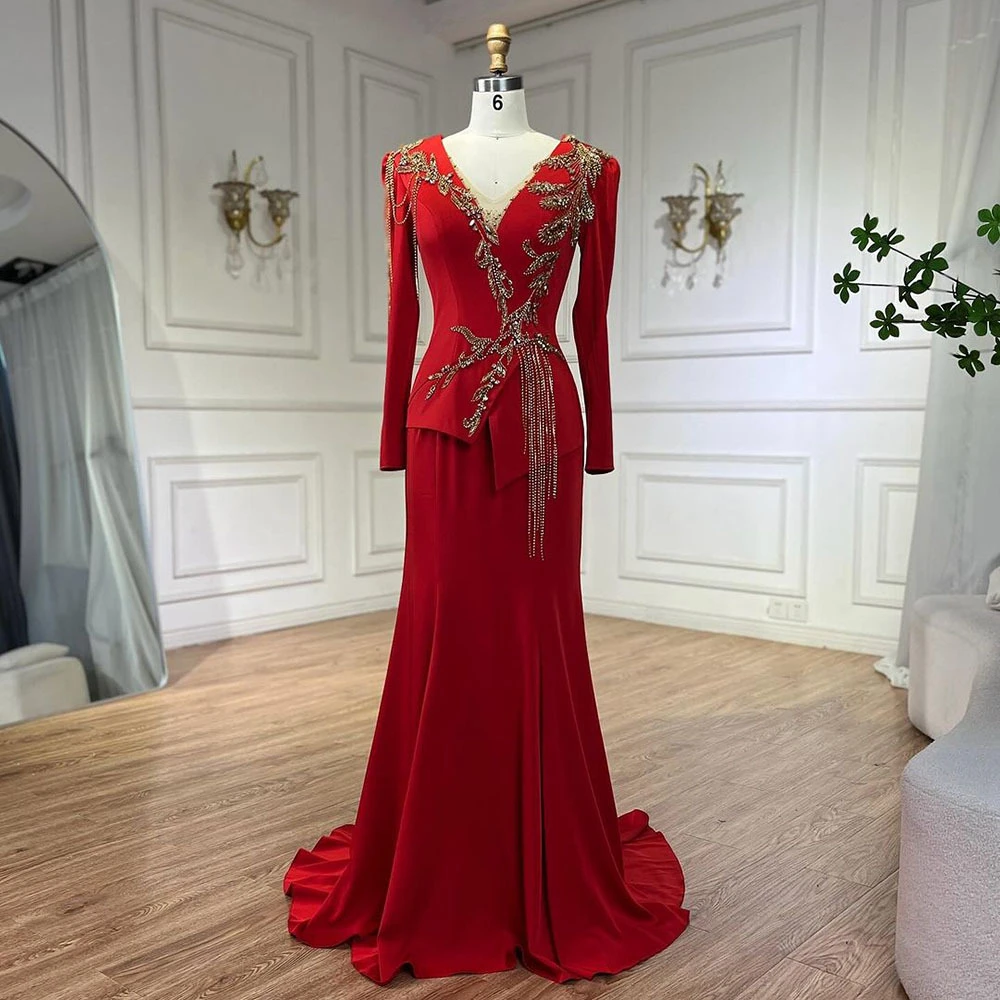 Real Images Red Long Prom Dress Full Sleeves V Neck Formal Occasion Dresses For Women With Handsewn Beaded Elegant Party Gown