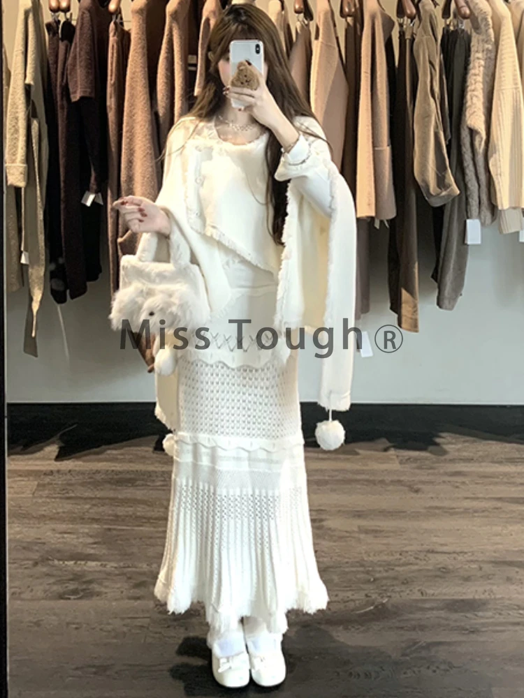 Winter France Princess Elegant 2 Piece Set Women Tassel Solid Designer Midi Dress Suit Female Korean Style Chic Clothes 2024 New