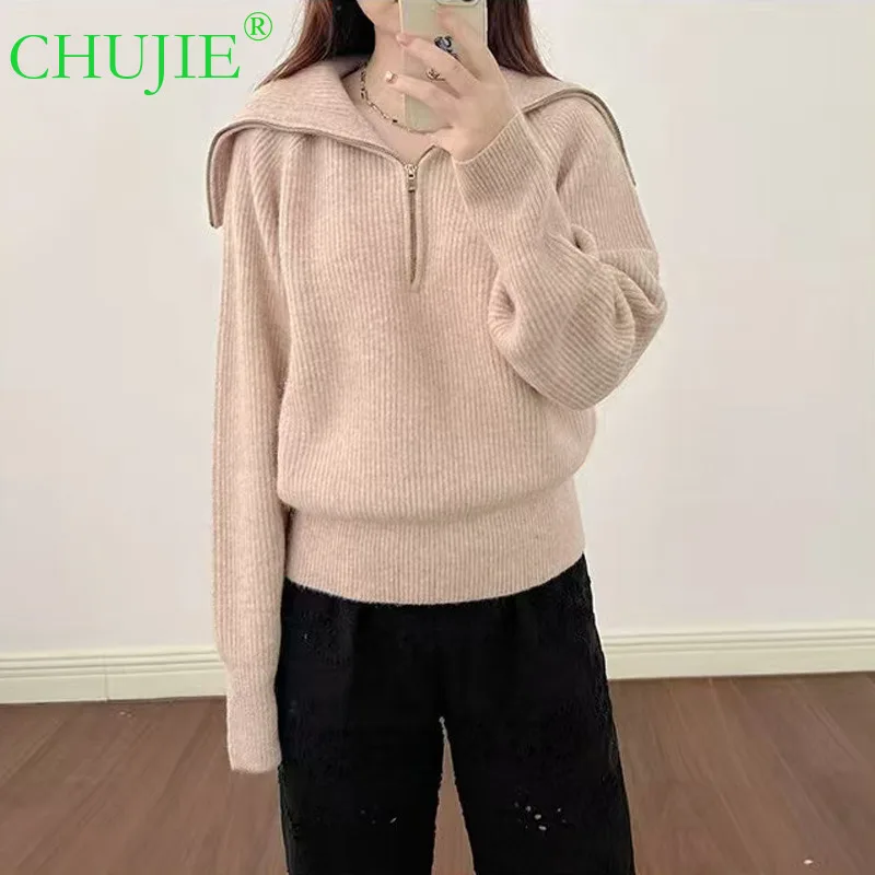

CHUJIE 2025 Autumn Winter New Zipper Turn-Down Collar Elegant Fashion Versatile Loose Casual Short Commuter Knitted Sweater