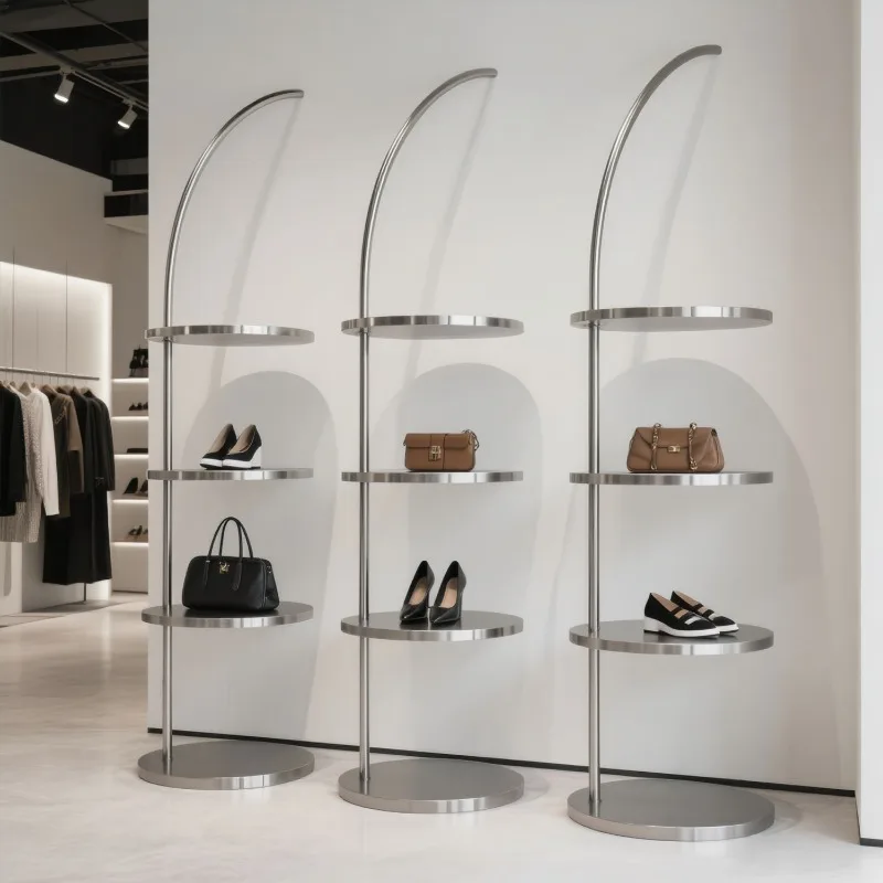 

Shoe store display rack on the wall Stainless steel silver creative multi-layer board Special shelf for shoes and bags Display