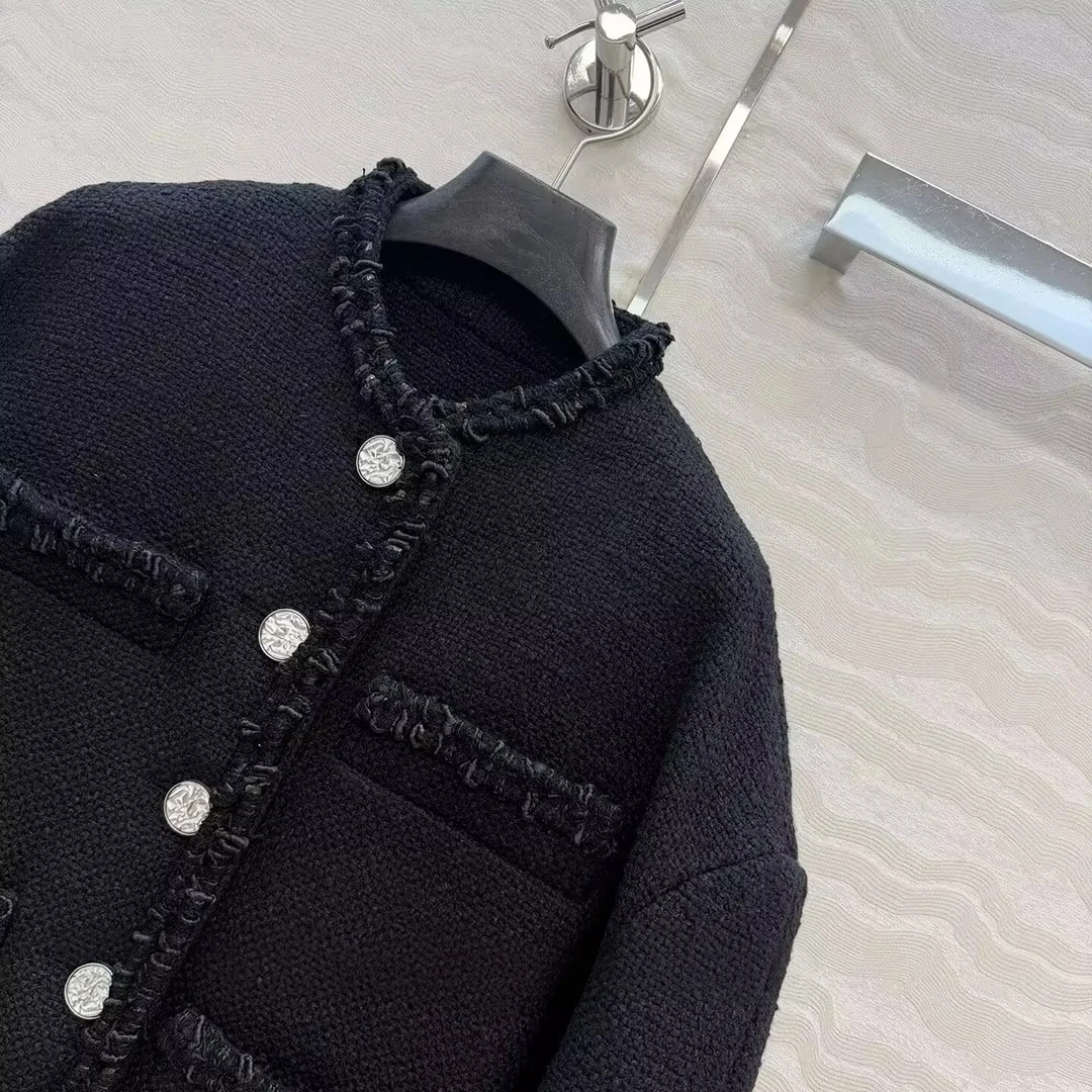 2026 New Autumn Vintage Black Tweed Jacket Women Edge Covering O-neck Drop Shoulder Long Sleeve Loose Pockets Short Design Coat