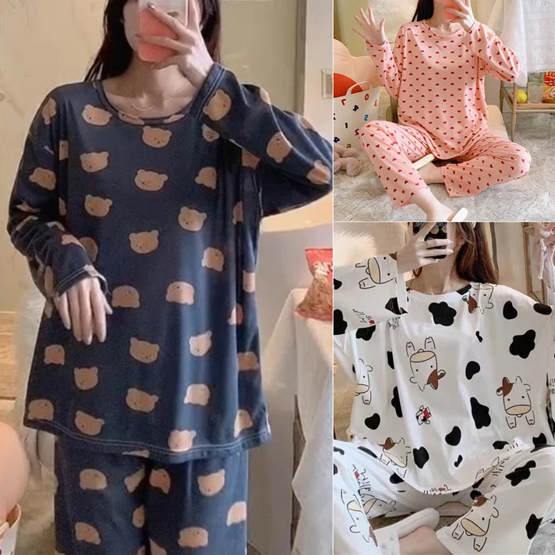 Summer Thin Section Two-Piece Pajamas Ladies Long-Sleeved Cute Students Can Be Worn Outside Home Wear Pink Polka Dot Suit