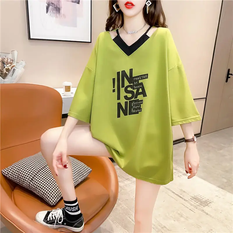 Fashion Casual Letter Printed Solid T-shirt Female Fake Two Pieces Loose V-Neck Spliced 3/4 Sleeve Tops Summer Women's Clothing