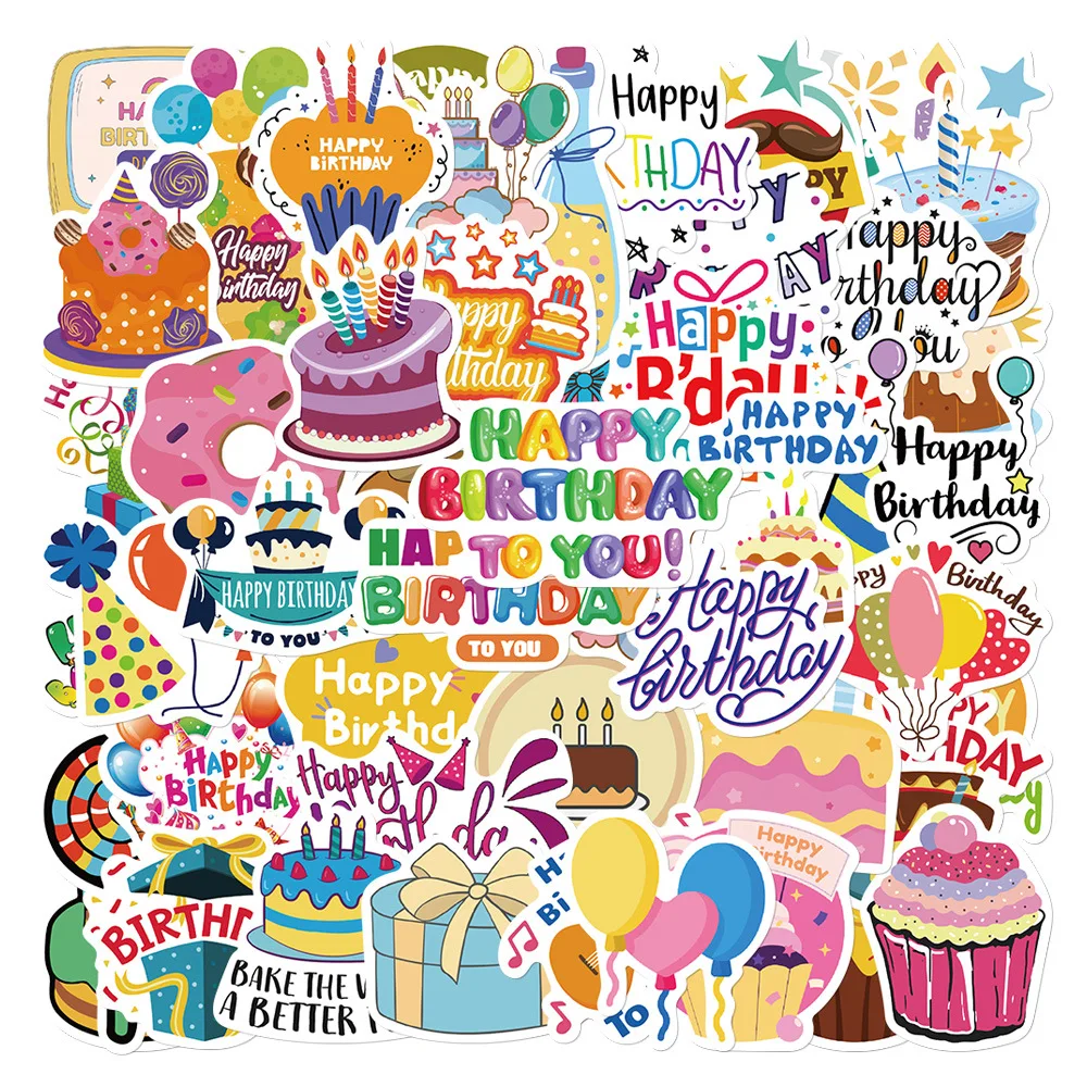

50PCS Happy Birthday Stickers Colorful Cake Balloon Party DIY Decorable Gift Wrap Notebook Gift Waterproof Stickers Kids Toy