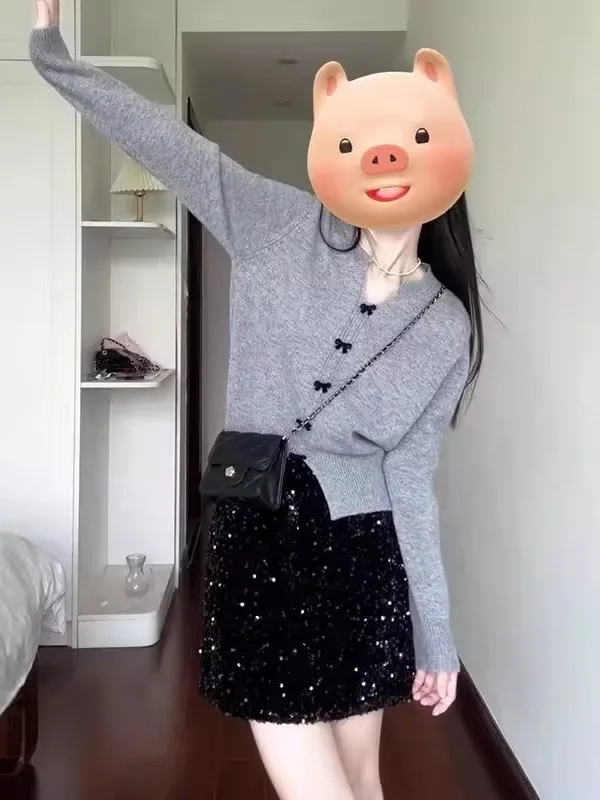 

Ay вязаный свитер женский осенне-зимний свободный V-Ne мягкий уютный дизайн с узлом корейский Sle Long Sve Crew Ne