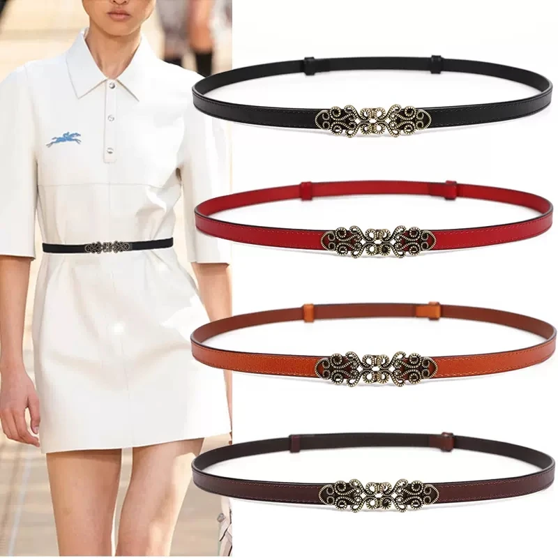 Women Skinny Soft Genuine Leather Belts Adjustable Vintage Waist Belt Gold Bronze Color Sculpture Alloy Buckle Waistband